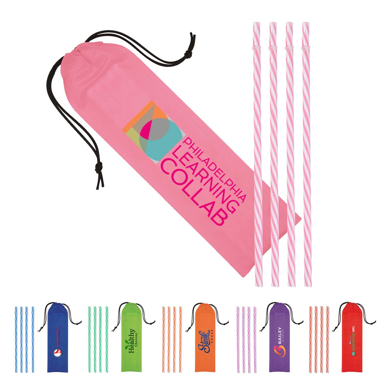 Reusable Straws in Full Color Drawstring Pouch