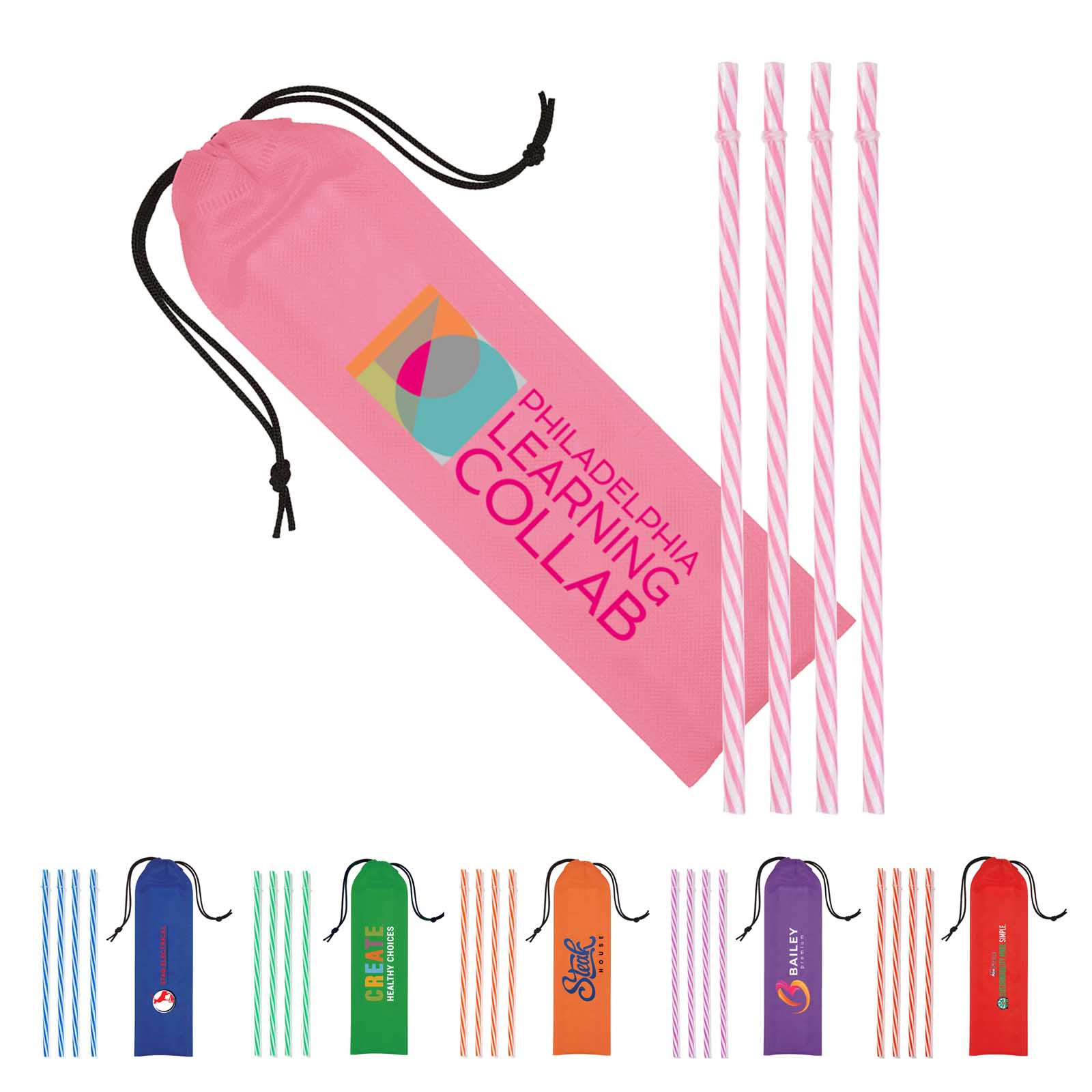 Reusable Straws in Full Color Drawstring Pouch