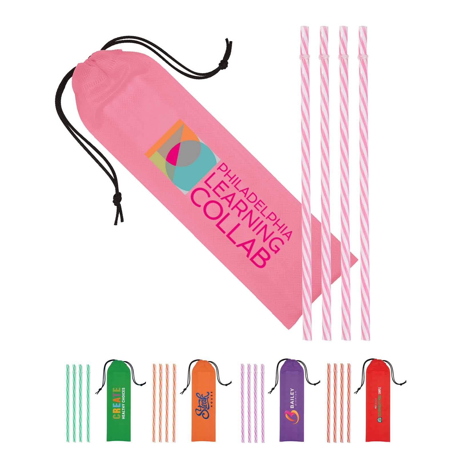 Reusable Straws in Full Color Drawstring Pouch